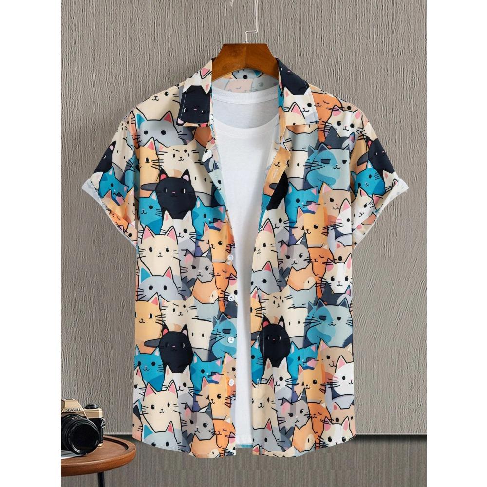 Unisex módní pánské roztomilé kočičí potisk Běžné denní nošení Košile s 3D tiskem s krátkým rukávem Módní havajské košile pro muže Harajuku
