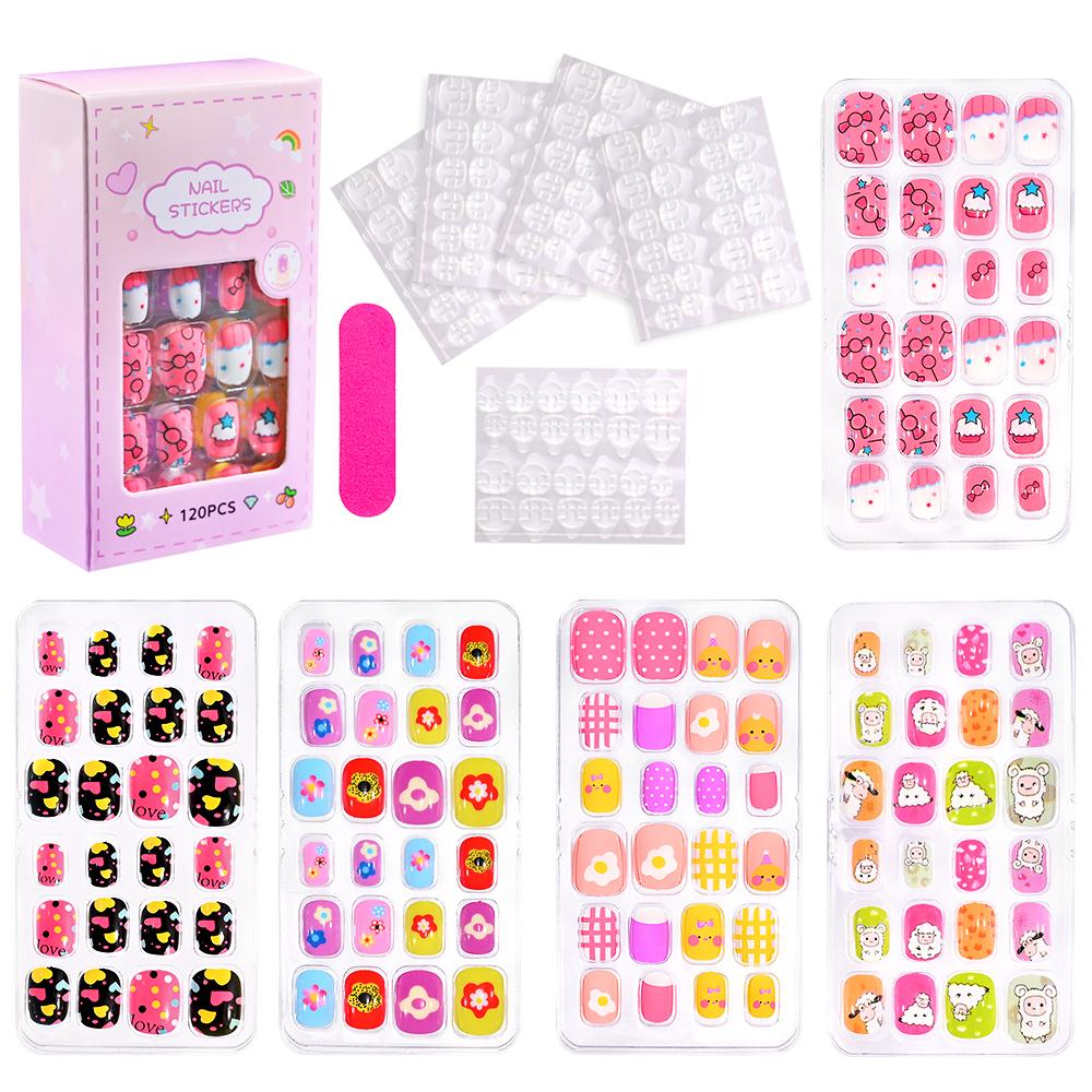 120Pcs Kids French Tip Press On Nails Short Round Pink Black Heart Flower Design Reusable False Nail Tips