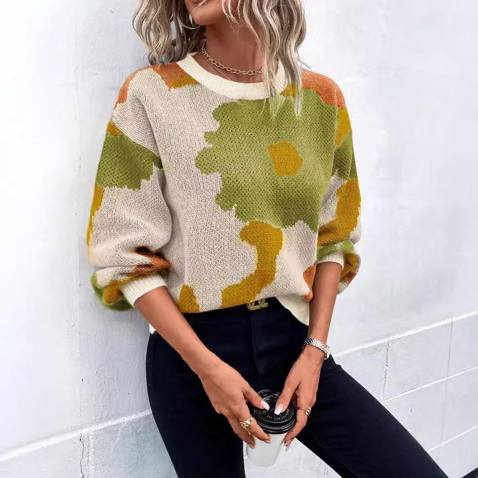 Women's Floral Knit Sweater, Loose Fit Oversized Pullover with Pink Green Blue Flower Pattern, Casual Long Sleeve Tops