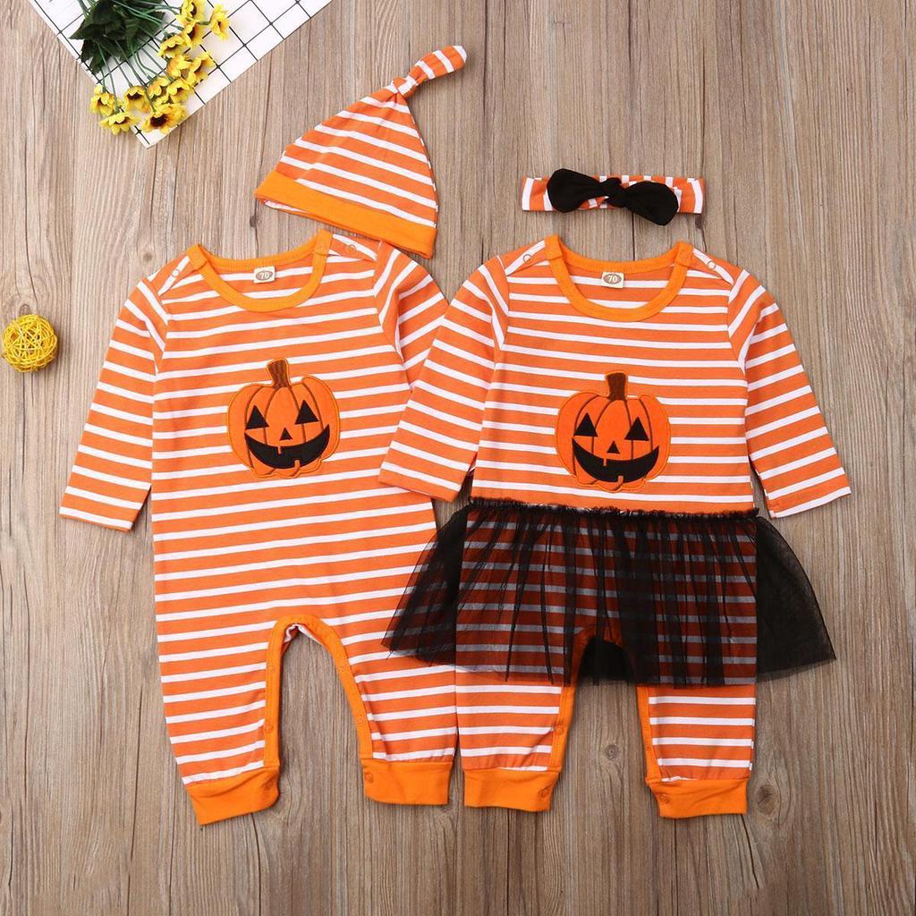 Halloween Newborn Baby Boys Girls Long Sleeve Hooded Romper Striped Letter Jumpsuit Pumpkin Costume Fall Winter Clothes