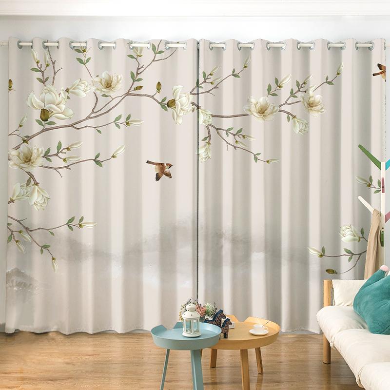 2PCS New Chinese Flower and Bird Print Semi-blackout Curtain Custom Hook Grommet Top Model Living Room Bedroom Window Curtain