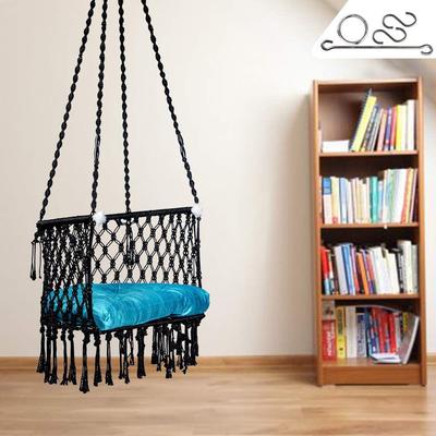 Premium Cotton C-Swing Chair dla dorosłych, dziecięcy hamak-wiszący fotel z niebieską poduszką i akcesoriami (Czarno-niebieski)