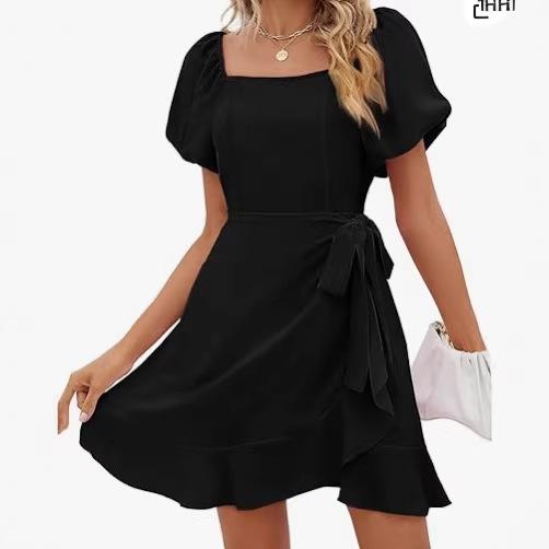 European Beautiful Women's Square Neck Solid Color Bubble Sleeve Dress Summer Lace-up Waist Dress Women