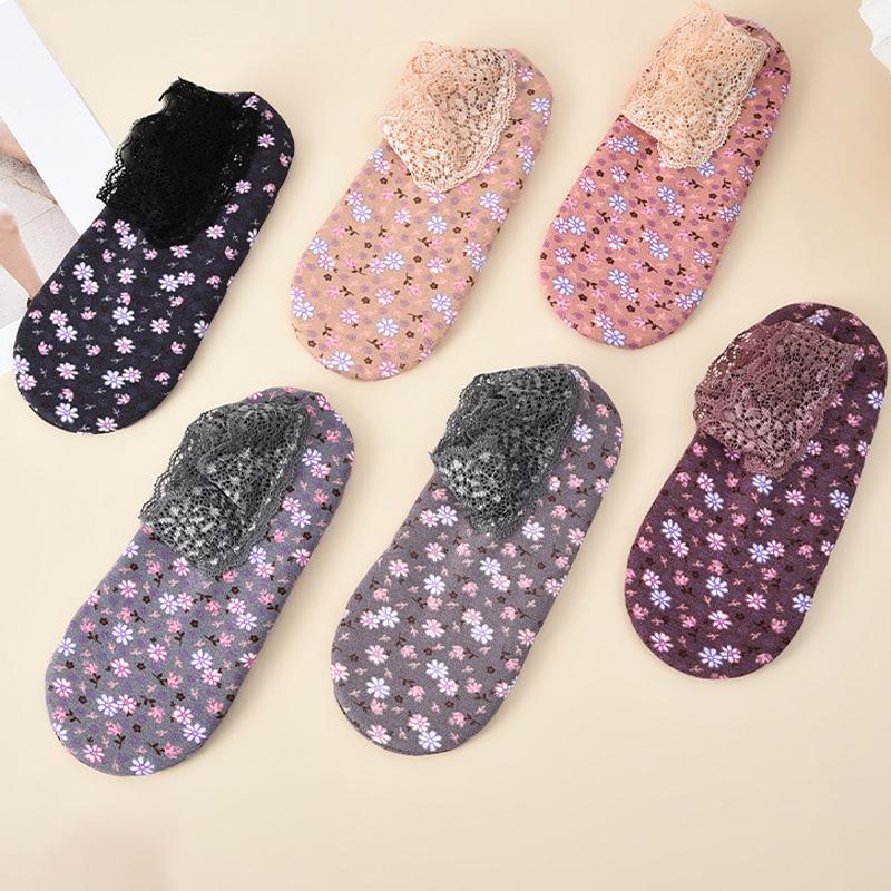 1 Pair Velvet Women Thermal Socks Autumn Winter Low Tube Warm Anti-slip Lace Trim Floor Socks