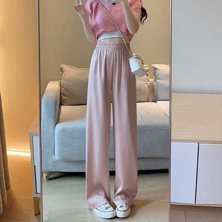 Pantaloni cu picior larg din mătase de gheață mărime plus pentru femei, de vară, subțiri, versatili, casual, cu talie înaltă, largi, răcoroși, pantaloni Ins