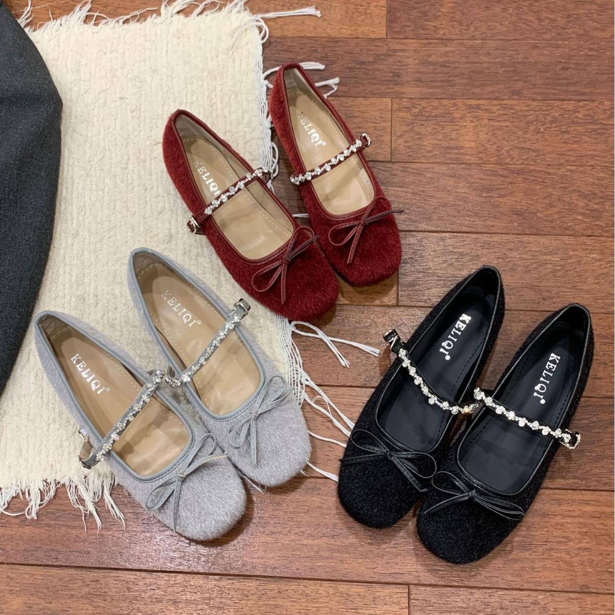 

2025 winter new round head bow suede rhinestone word with soft sole Mary Jane flat women s shoes 39 чёрный