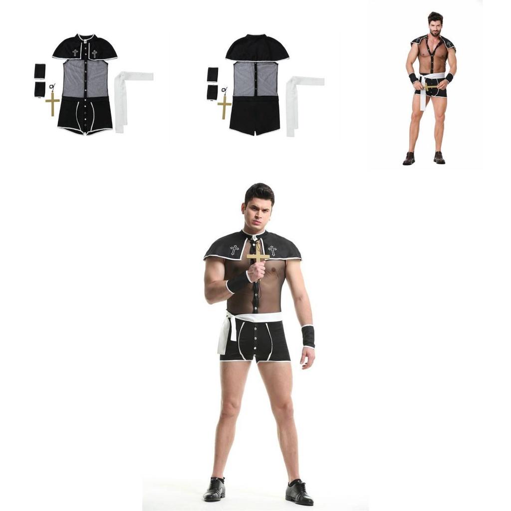 2023 New European And American Men's Adult Nightclub Sexy Mesh Bodysuit Priest Roleplay Costume