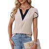 Ladies Summer split Short Sleeve v Neck color block Casual Pullover Blouse Shirt Top