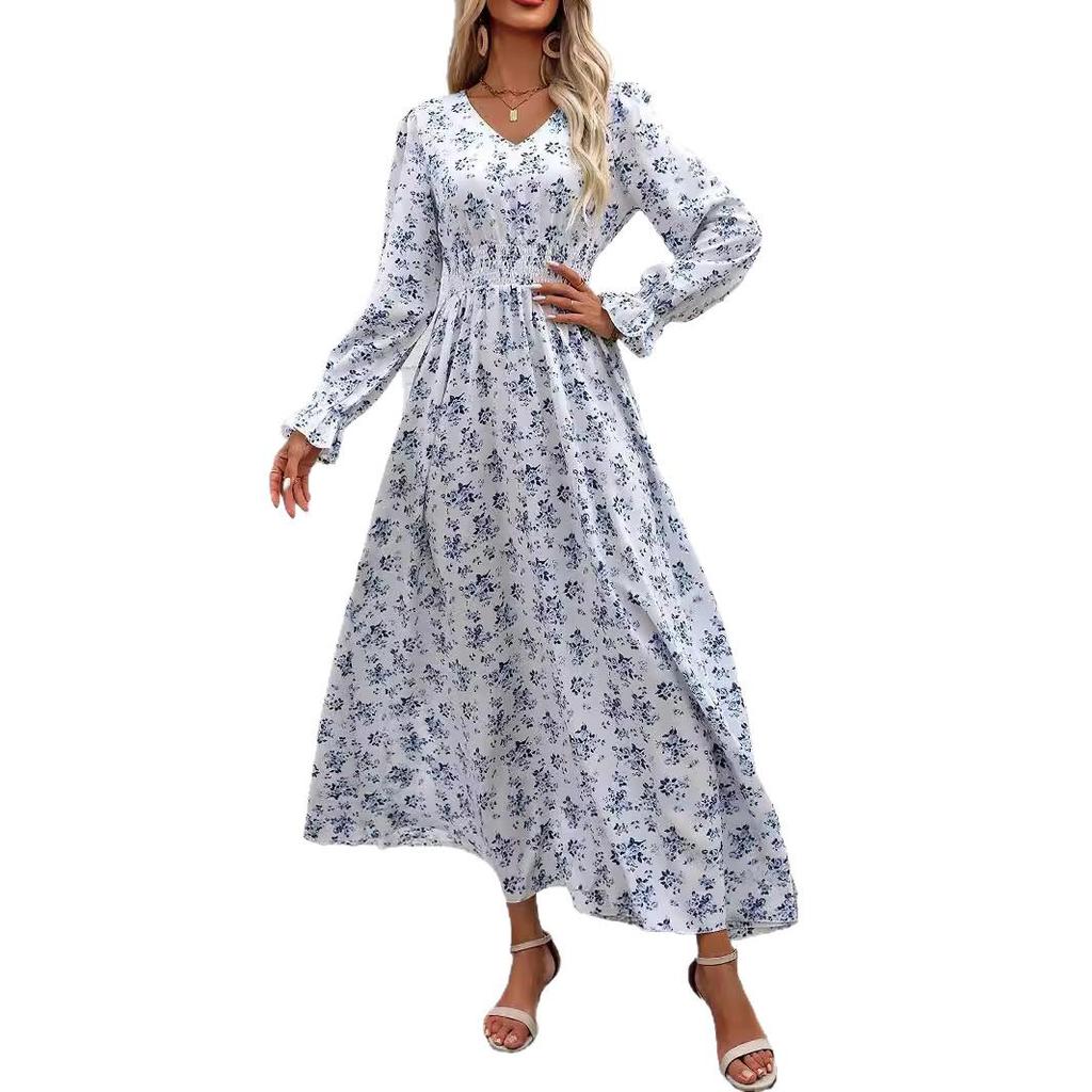 2024 Women's Autumn V-Neck Long-Sleeve Print Dress