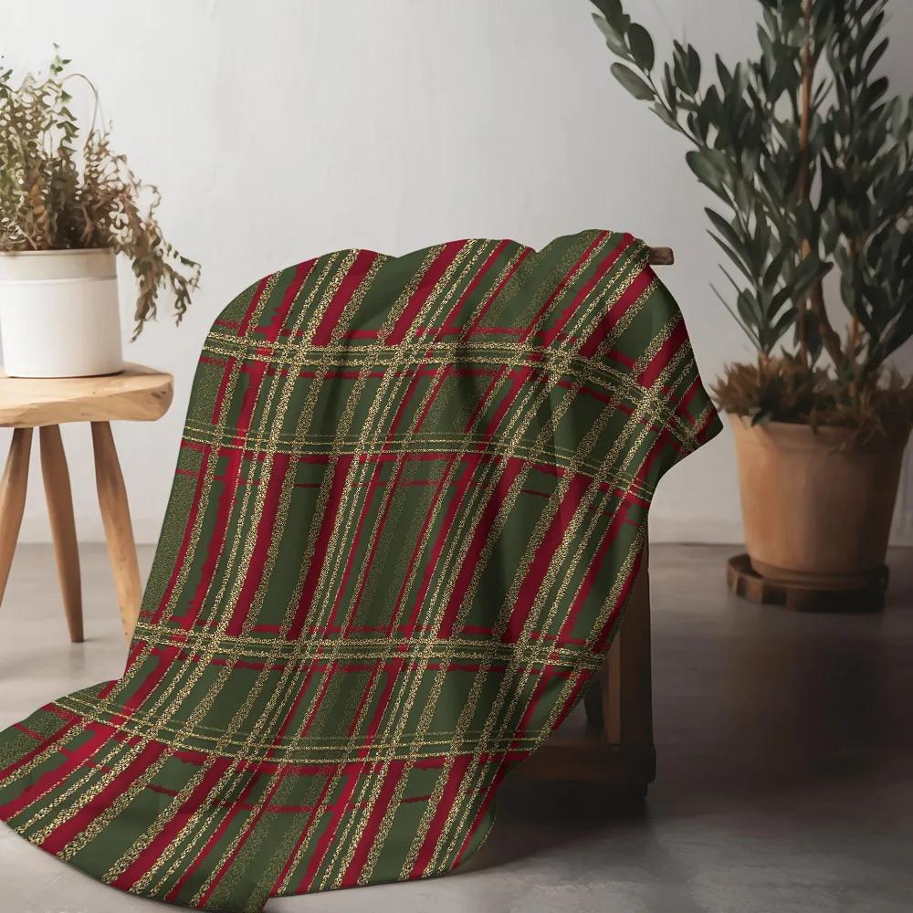 Burgundy Green Plaid Fleece Blanket, Gold Thread Accents in Classic Checkered Pattern, Cozy Reading Nook Throw for Sofa