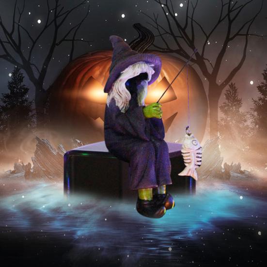 Witch Fishing Statue Decor UV Resistant Waterproof Halloween Resin Gothic Figure Garden Pond Edge Ornament