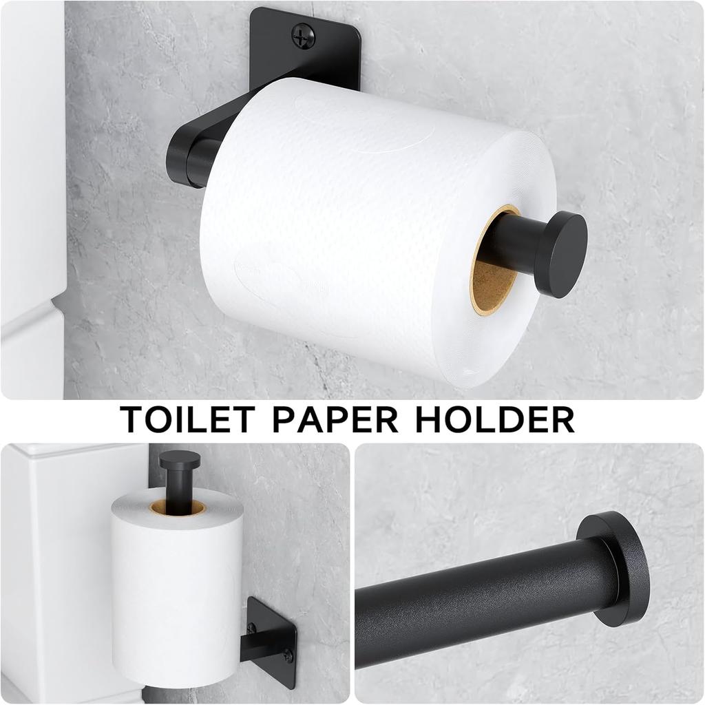 Matte Black 4-Piece Bathroom Accessories Set Aluminum Stainless Steel 24" Towel Bar Robe Hooks Toilet Paper Holder Wall-Mounted