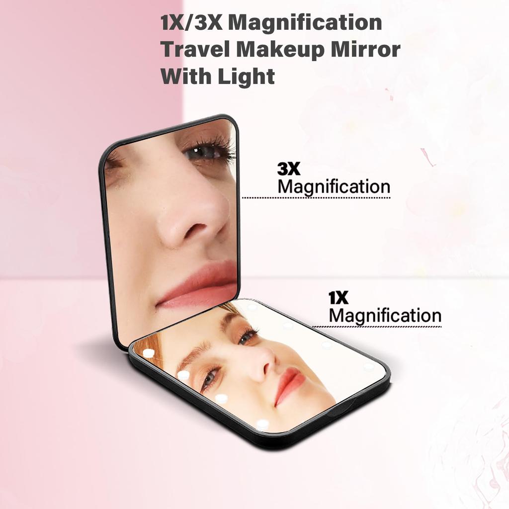 SNOWFLAKES Pocket Magnification LED Compact Travel Makeup Mirror with Wallet Double Gift Small Lighted Mirror, 1x/3x Light, Sided, Portable, Foldable,