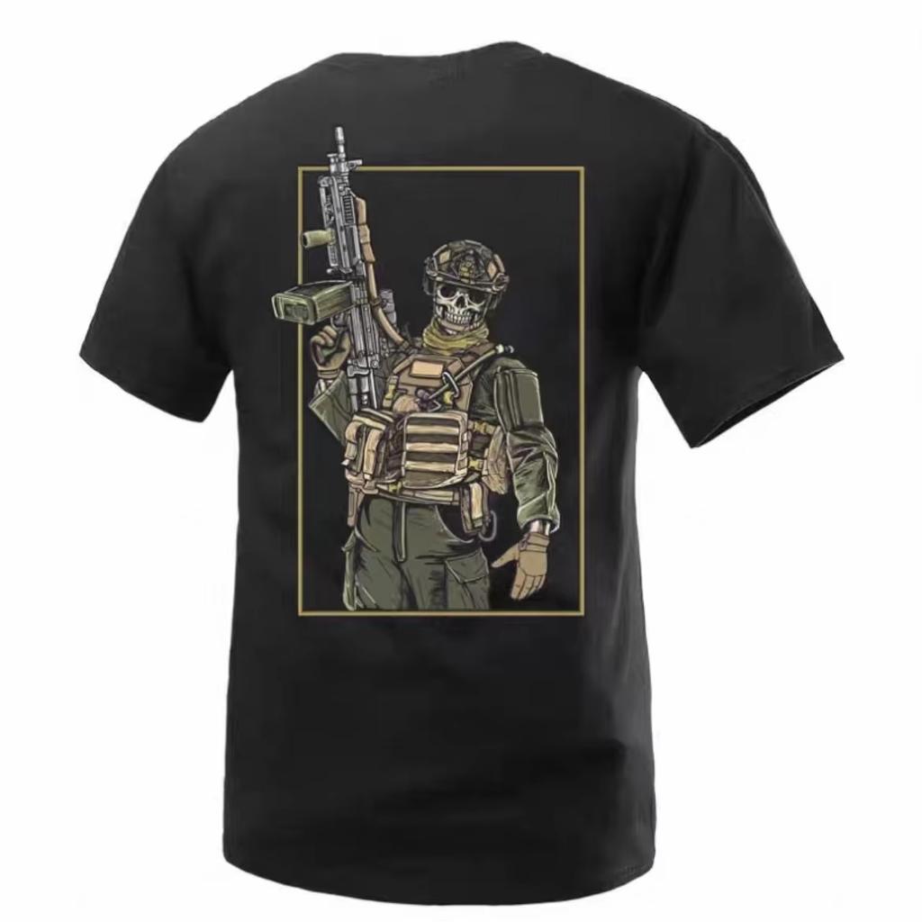 T-shirt Graphique Tactique Stand de Tir Combat Unisexe Grande Taille Dos Squelette Trooper Spécial Équipement Complet Fusil d'Assaut Or