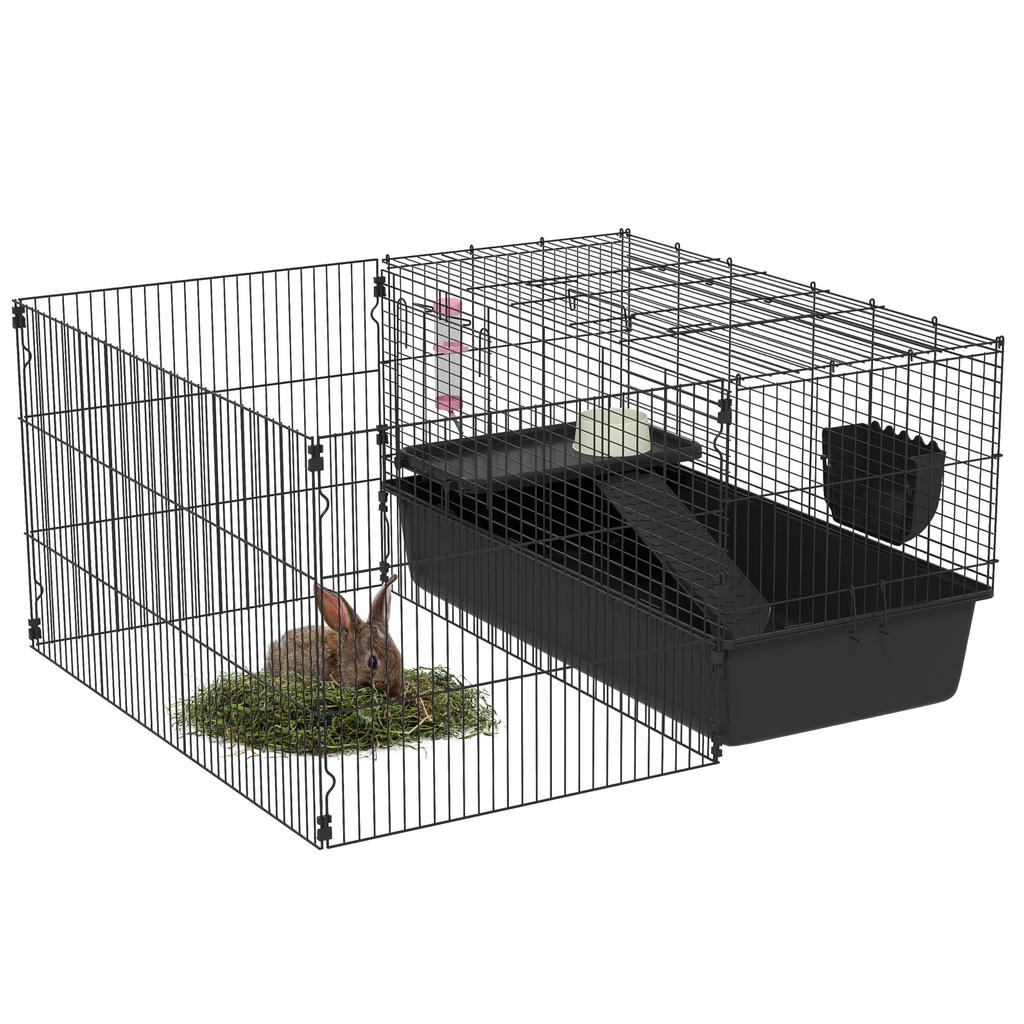 Small Animal Cage with Removable Enclosure, Playpen with Hutch, Incl. Accessories, Black