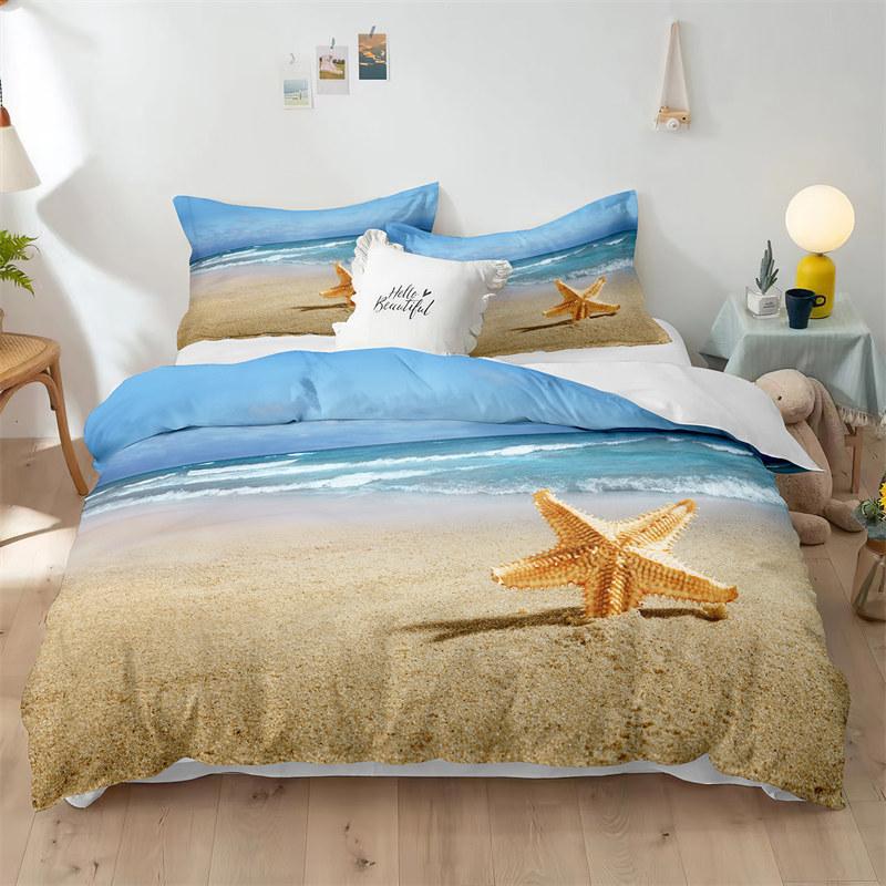 Beach Theme Duvet Cover Set Blue Ocean Bedding Set King Queen For Kids Girls Microfiber Seashell Starfish Print Comforter Cover