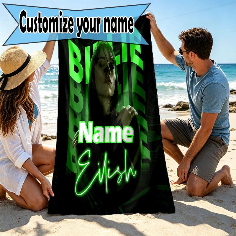 Custom Name Personalized Billie Eilish Print Beach Towel, for Trip Camping Beach Party Home Decor, Birthday Gift for Family & Friends