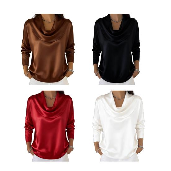 Cămașă Femei Guler Leagăn Mânecă Lungă Bluză Satin Netedă Culoare Solidă Croială Regular Stil Casual de Navetă Cămașă Îmbrăcăminte de Lucru