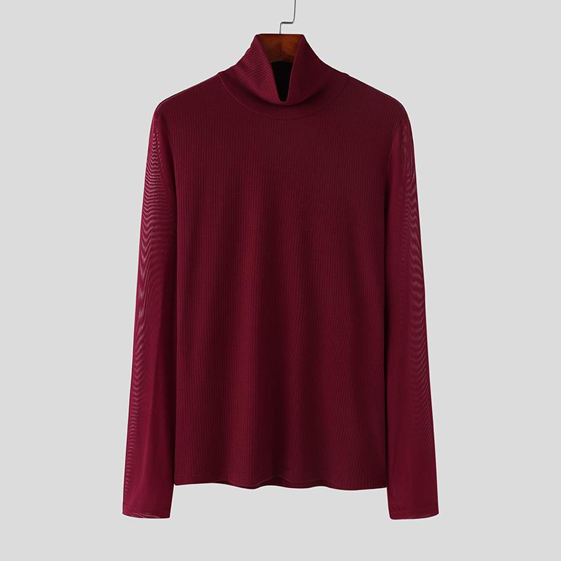 

INCERUN Мужские водолазки с сетчатым лоскутным узором, с длинным рукавом, трикотажные облегающие топы L вино красного