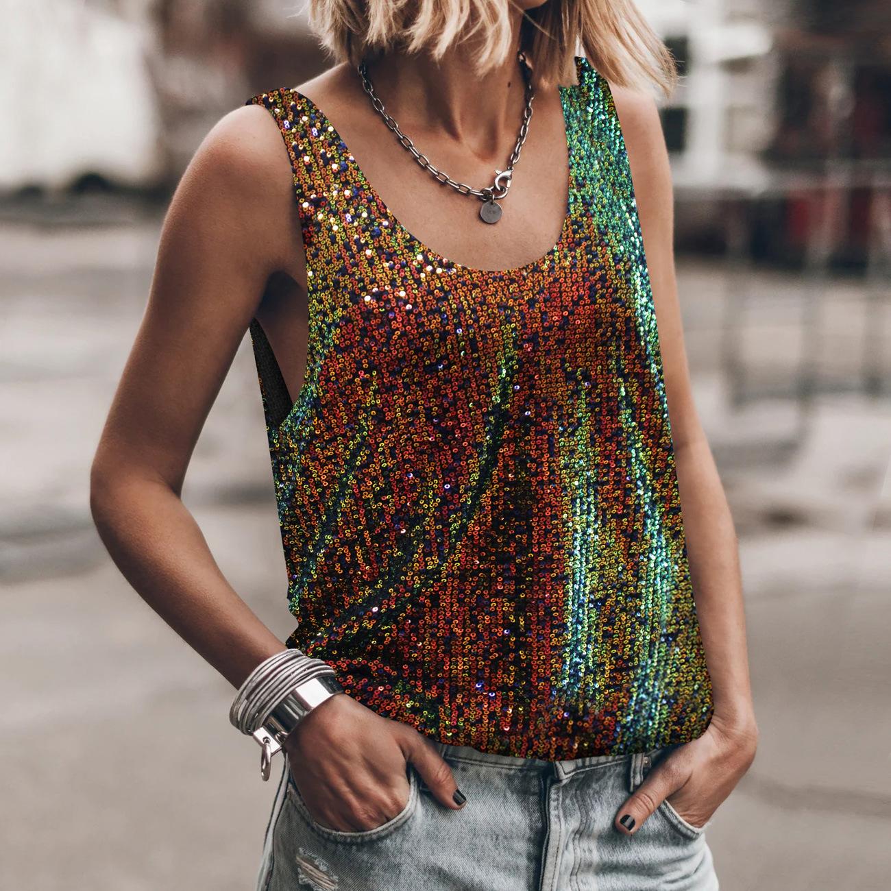 

Блестящий дизайн U-образный вырез модный жилет подтяжки топ без рукавов с открытой спиной XL чёрный/синий