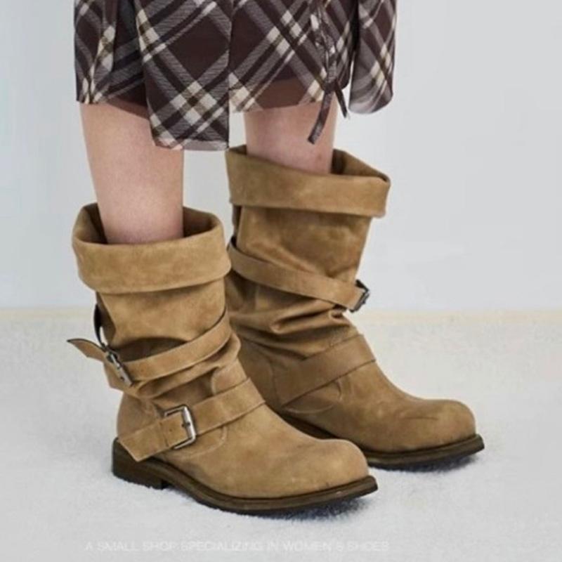 Mid Calf Women's Boots Flats Designer Knee High Leather Shoes  Winter Goth Trend Motorcycle Boots New Retro Mujer De Botas
