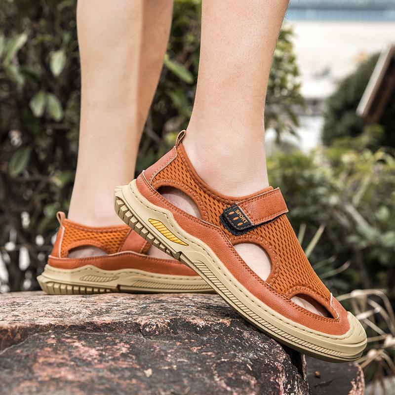 Men's Tide Summer New Style Leather Toe Cap Outdoor Leisure Sports Hollow Breathable Sandals Beach Shoes Handmade Mesh Men Shoes