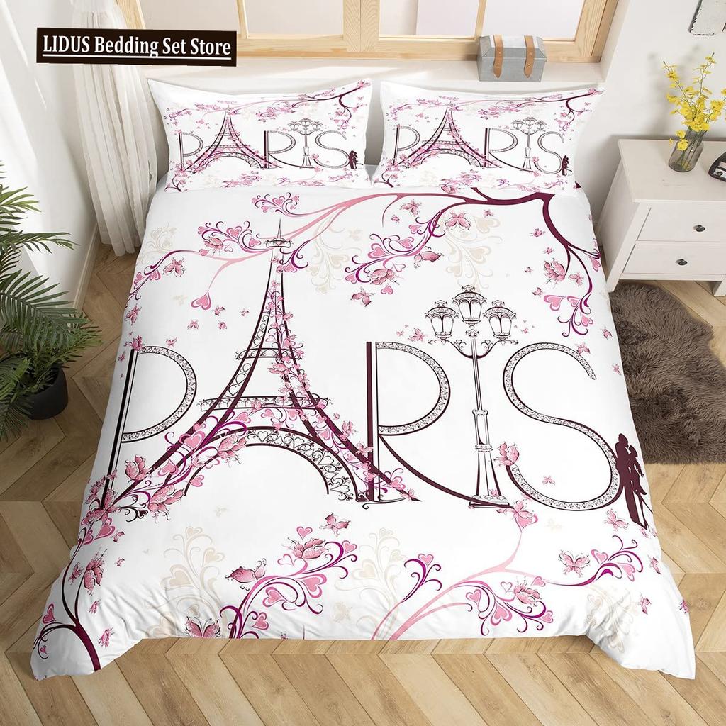 Eiffel Tower Duvet Cover Paris Tower Red Car Bedding French Style Home Decoration Grey Cityscape French Romantic Gift For Women