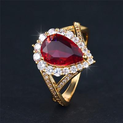 Anillo de compromiso de lujo con forma de gota de agua roja y circonita, color dorado, para novia, boda, regalo para mujer, 2025