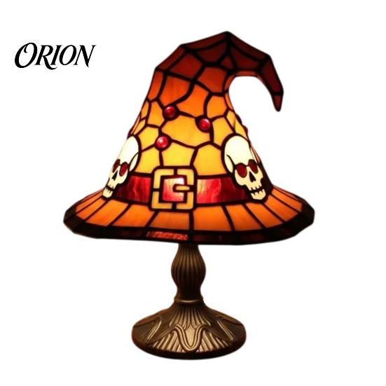 Stained Glass Bedside Lamp Witch Hat Lamp, Handcrafted Retro Resin USB Powered Gothic Table Wizard Hats Night Light, Halloween Home Decor Accent Lamps