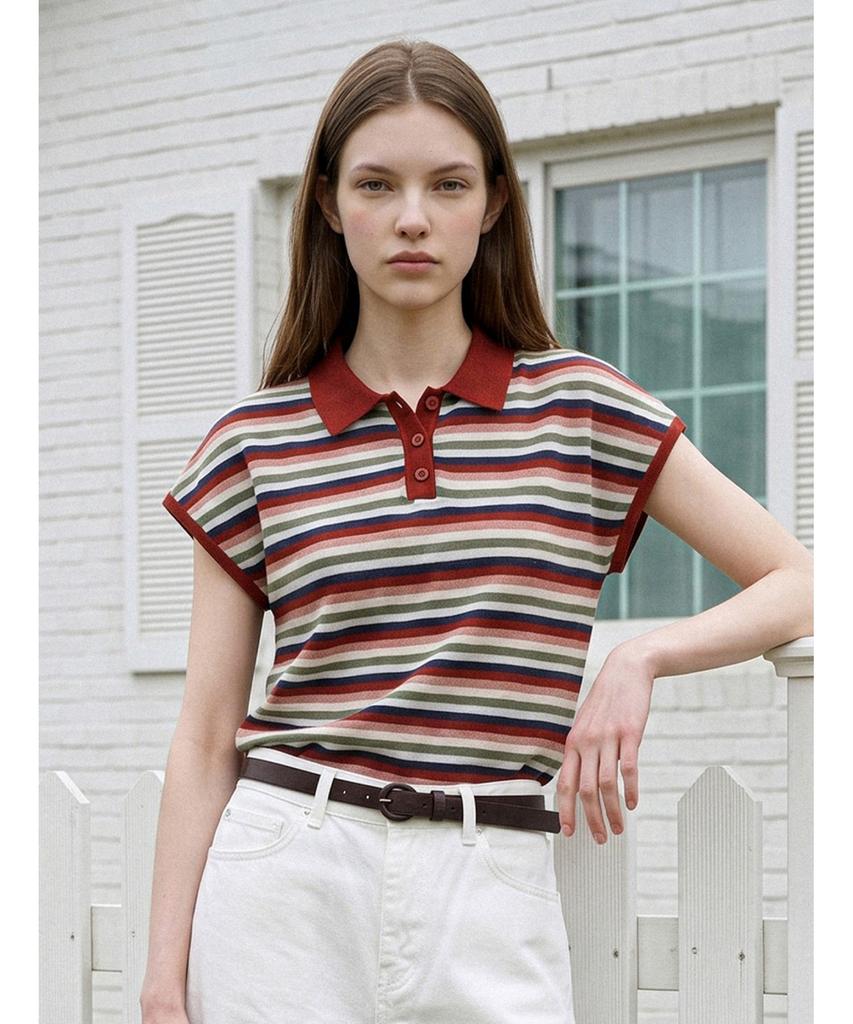 Poebeo21 Collar Contrast Stripe Cap Sleeve Knit (Ftdbnt031)
