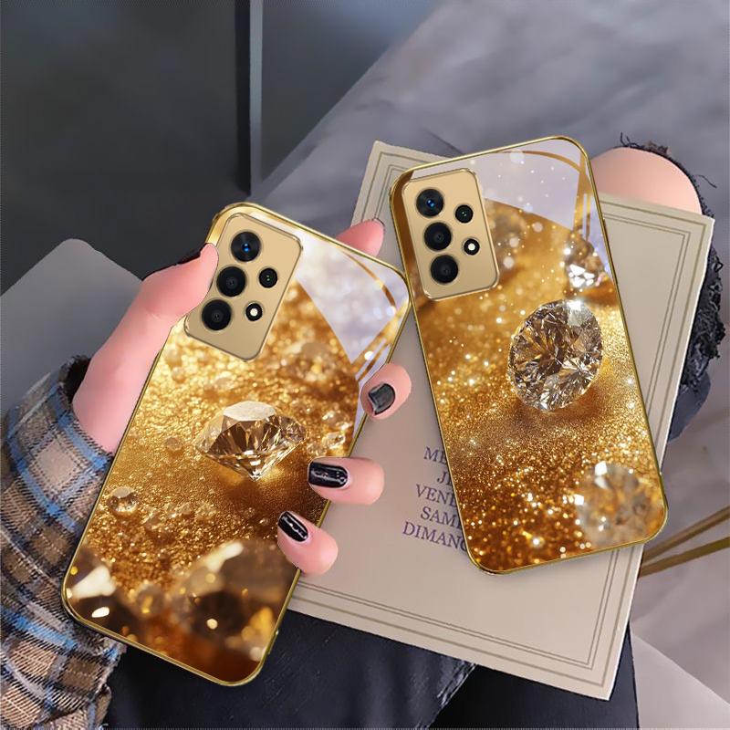 Brilliant Gold Diamonds For Samsung A 01 52S A04 A05S A10 A12 A13 22 23 24 36 42 M02 Note 10 20Ultra 8 9 Golden Glass Phone Case