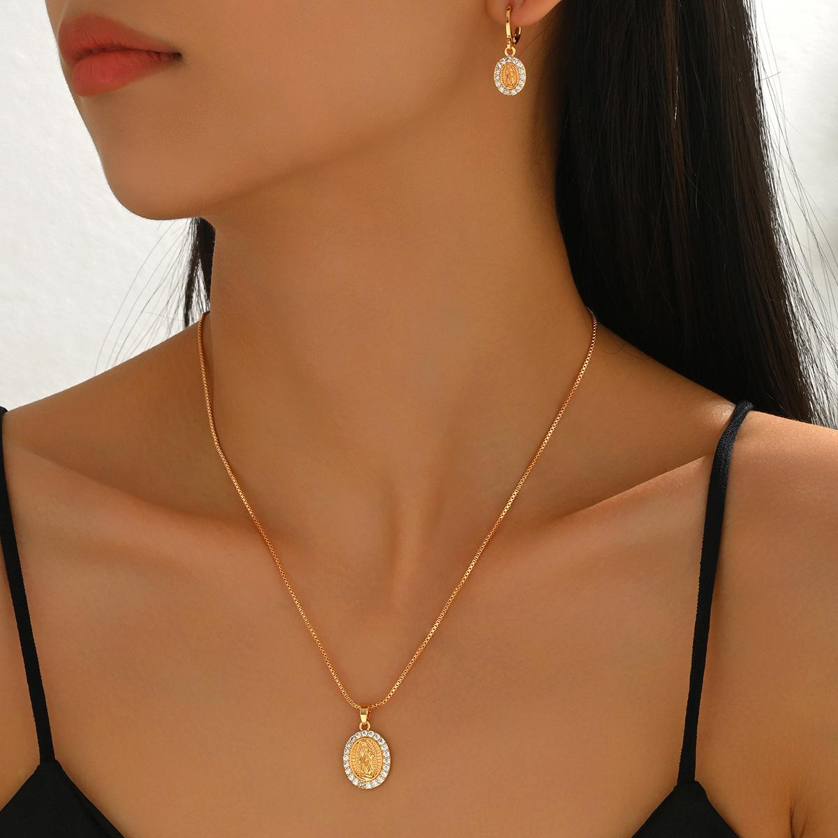 

Wind Ladies Jewelry Set Virgin Mary Pendant Design Necklace Versatile Zircon Earrings Women