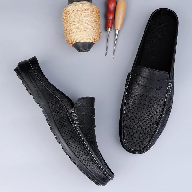 Summer Hollow Breathable Shoes Men Fashion Leather Half Shoes Slip on Moccasins Casual Italian Style Luxury Brand Half Loafers