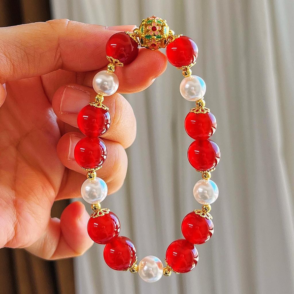 Vintage 7A Natural Chalcedony Agate Artificial Crystal Shijia Pearl Design Sense Bracelet Bracelet