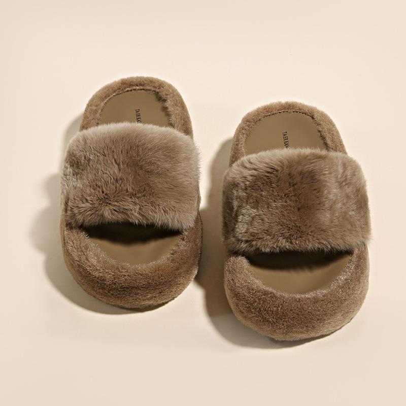 Thick-soled outer wear fluffy slippers women's autumn new one-word home plush slippers open-toed cotton slippers