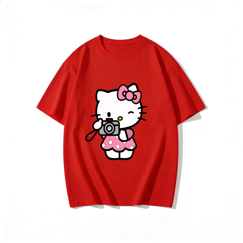 2026 New Hello Kitty Camera Cartoon Print Tshirt Family Matching Outfits Casual Short Sleeve Tee for Women Unisex Kid Highquality