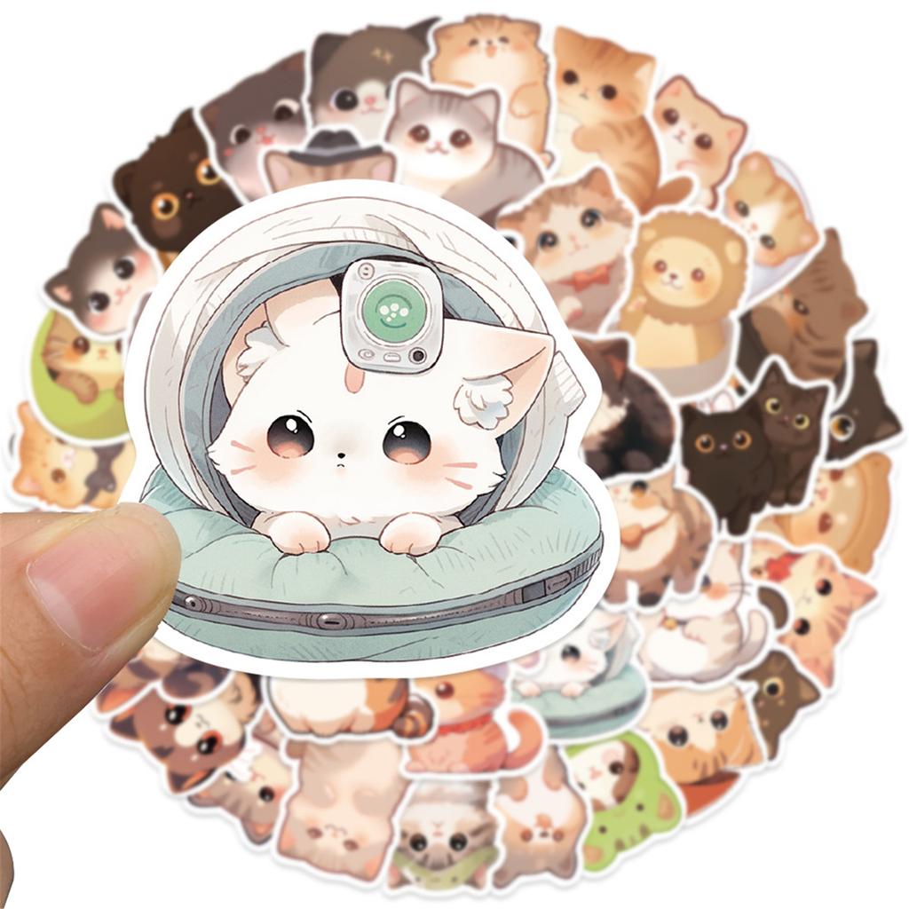 50Pcs Cartoon Cats Sticker Water Resistant Aesthetic Sticker for Water Bottle Scrapbook Journal Laptop Guitar Luggage