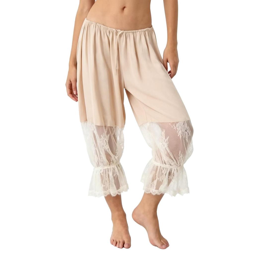 Women Ruffle Lace Trim Capris Low Cropped Pants Vintage Casual Pantaloons Pant
