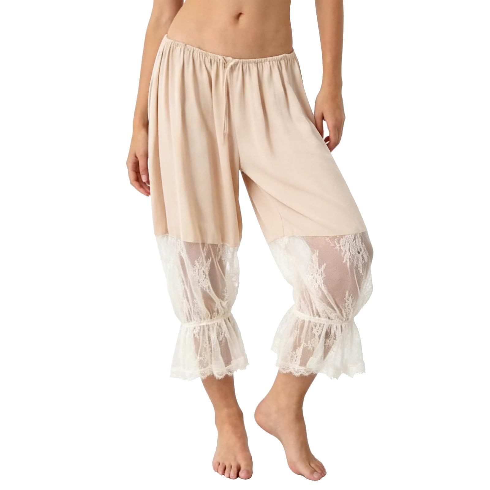 

Women Ruffle Lace Trim Capris Low Cropped Pants Vintage Casual Pantaloons Pant L