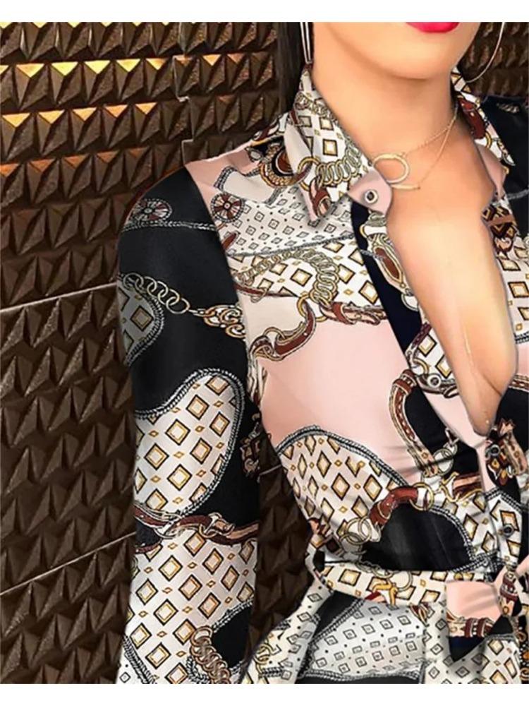 Summer New Women's Long Sleeve V-Neck Tied Fashionable Sexy Printed Dress