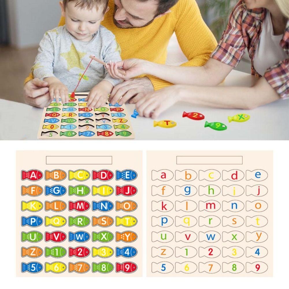 Early Educational Letter Number Puzzle Wooden Fishing Game Toy Kids Fishing Toys Birthday Gift