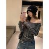 Contrasting color striped shoulder top women's spring slim-fitting off-the-shoulder Spice Girl style long-sleeved shirt with bottoming shirt