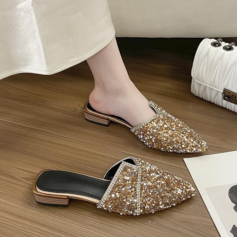 Slippers women wear new fashion pointed head bag head half drag summer versatile thick heel shoes tide