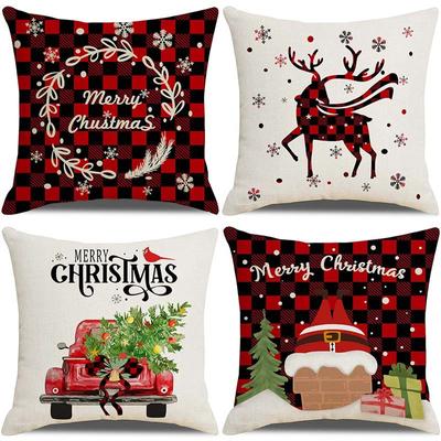 Christmas Elk Pillow Case Linen Plaid Santa Sofa Living Room Pillow Case