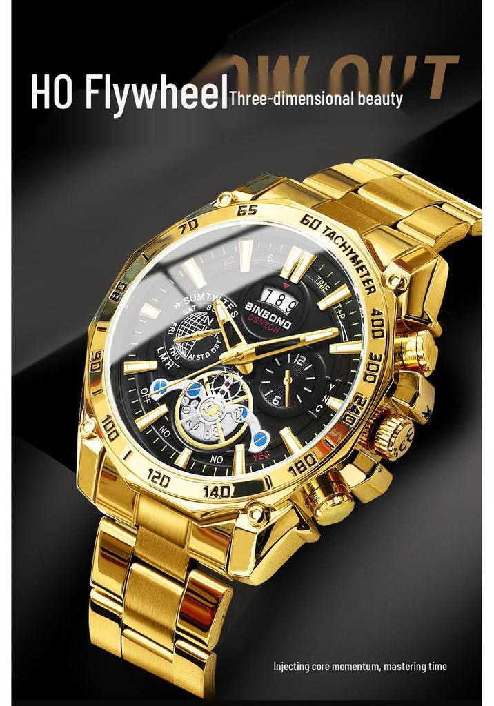 BINBOND Men's Luminous Trendy Tourbillon Steel Band Watch with Decorative Three Dials and Six Hands.