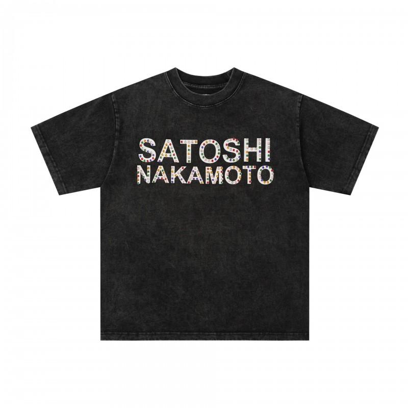 T-shirt Coton Surdimensionné Homme Avec Impression Graphique Satoshi Lavage Vintage Hip Hop Streetwear Manches Courtes