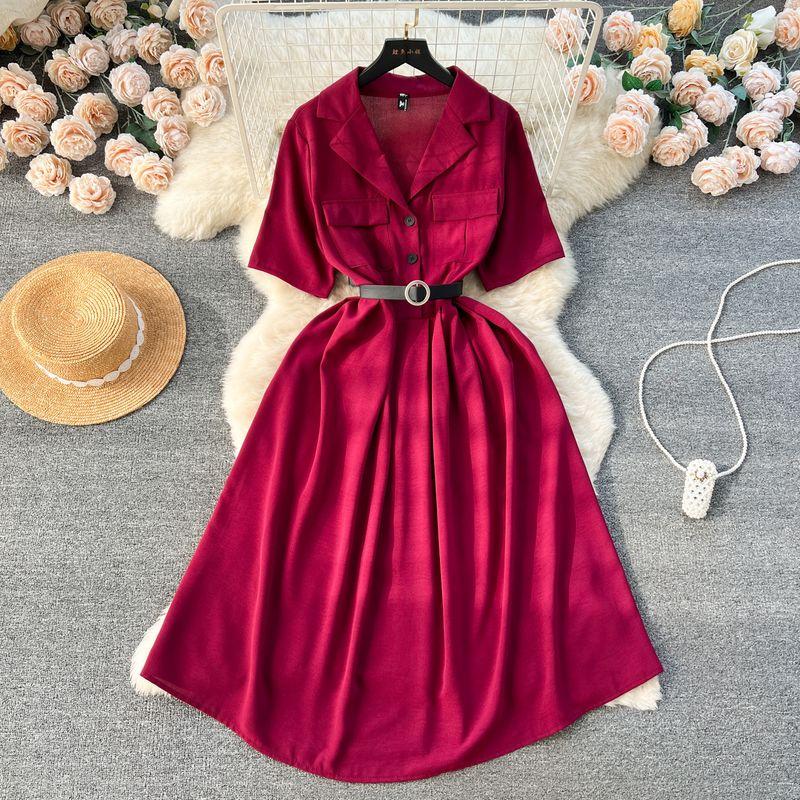 

Tea Break Spring and Summer Elegant V-neck Slim-Fit Short-Sleeved A- line Dress Burgundy All yards