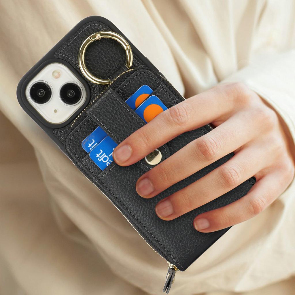 For iPhone 15 Case with Zipper Pouch/Ring Kickstand/Strap Litchi Texture PU+TPU Phone Cover