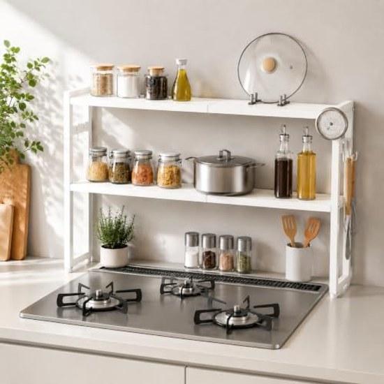 TKUIN Conro Rack Width Adjustable 4370cm 2-Tier Height 8 Levels Compatible Gas IH Stoves Back Stove Gap (White)