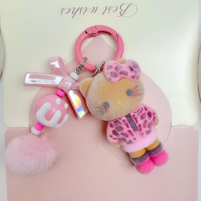 Cute Cartoon Flocking Hellokitty Cat Doll Keychain Creativity Hellokitty Beading Doll Toy Decor Backpack Decoration Pendant Gift